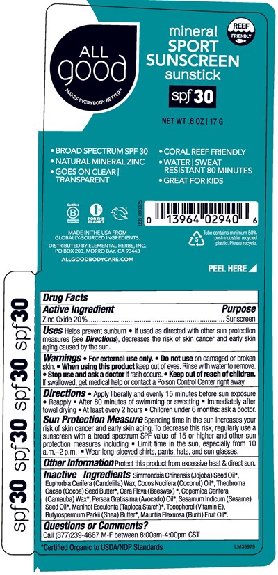 El-gd-lbl-0345 Rev 0 (75071 220 01 Lm39979 Elemental Herbs All Good Spf30 Unscented .5oz Sun Stick Label Artwork El Gd Lbl 0345 Rev 0)